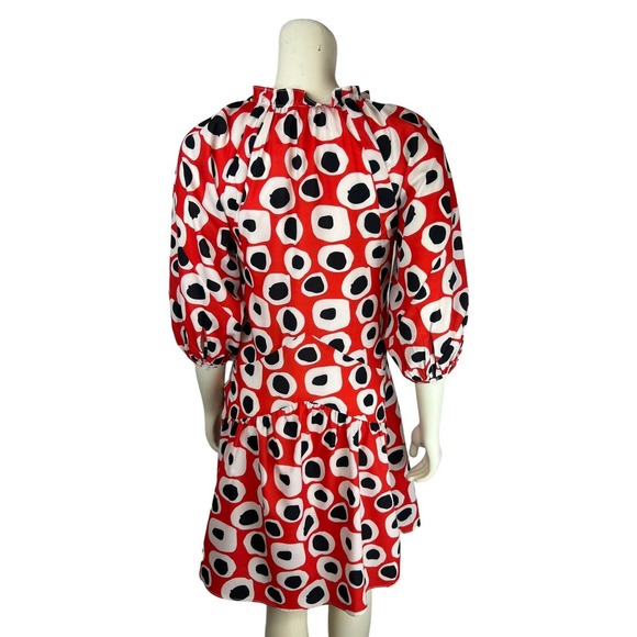 NEW Rodner Figueroa Puff Sleeve Dress XS Ruffle Mini Red Dot Geometric Print - Picture 4 of 12